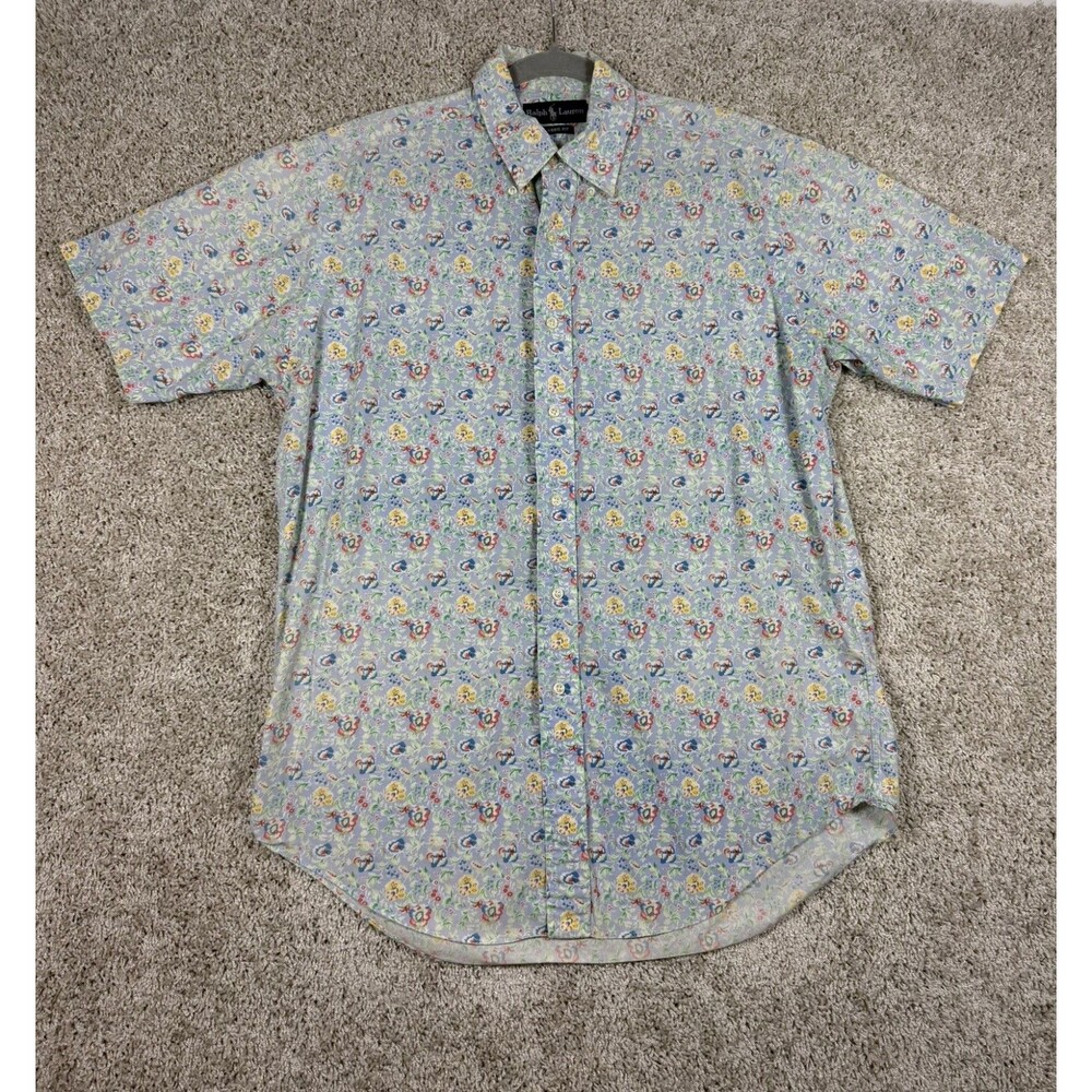 Ralph Lauren Classic Fit Floral Button Up Shirt Mens M Cotton Blue